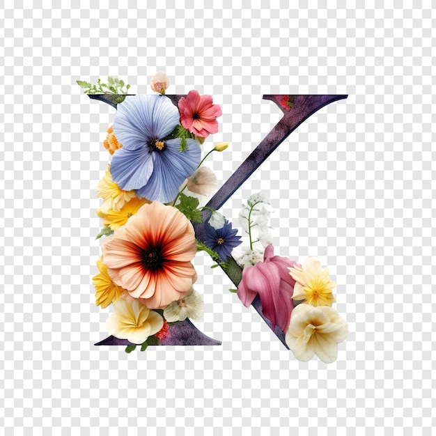 Бесплатный PSD Буква k с цветочными элементами цветок, сделанный из цветов 3d, изолированный на прозрачном фоне