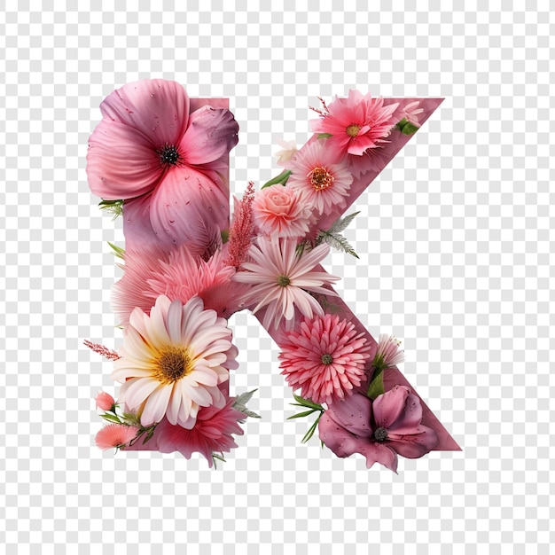 無料PSD 透明な背景に隔離された花の3dの花で作られた花の要素を持つ文字k