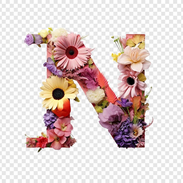 PSD gratuito lettera n con elementi floreali fiore fatto di fiore 3d isolato su sfondo trasparente