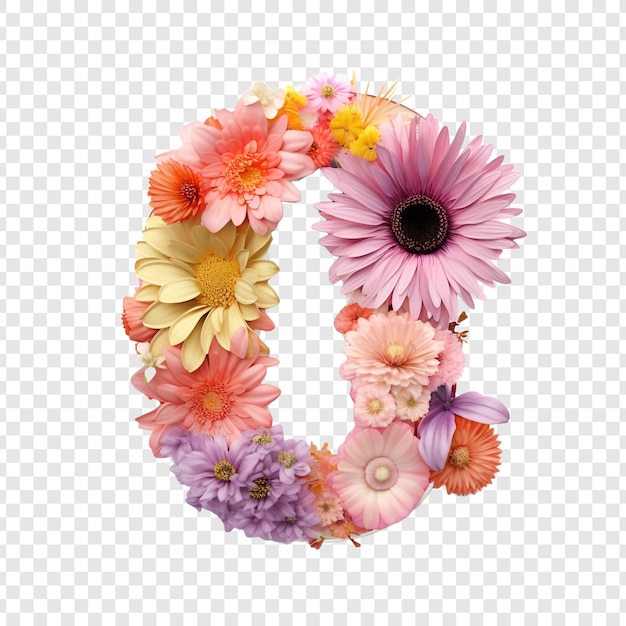 PSD gratuito lettera o con elementi floreali fiore fatto di fiore 3d isolato su sfondo trasparente