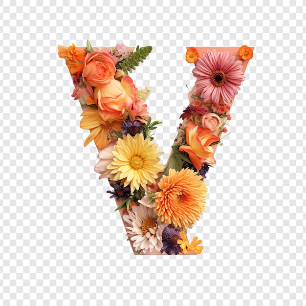 無料PSD 透明な背景に隔離された花の3dの花で作られた花の要素を持つv文字