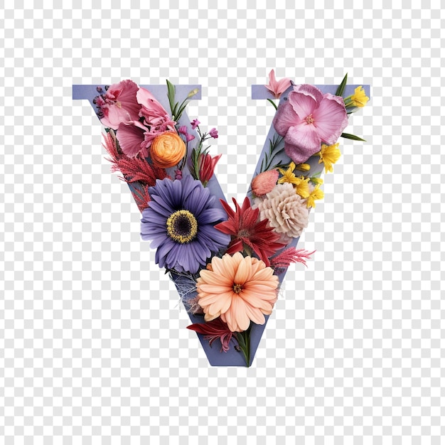 無料PSD 透明な背景に隔離された花の3dの花で作られた花の要素を持つv文字