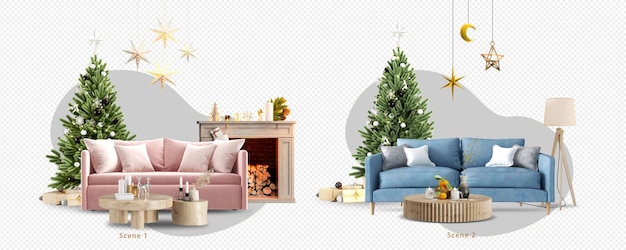 Living room interior with christmas tree in 3d rendering