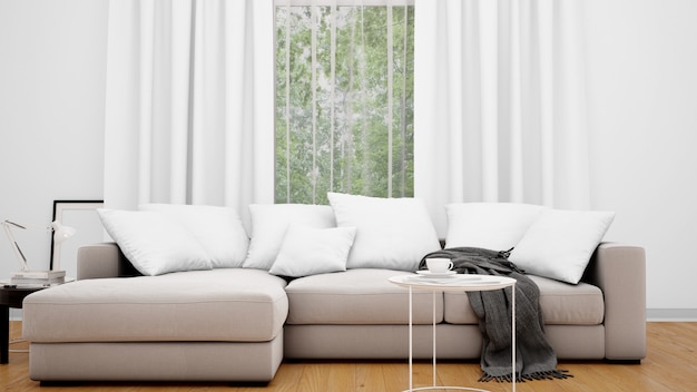 Living room with grey sofa and large window