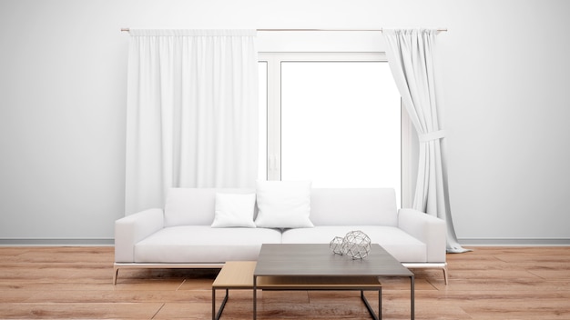 シンプルなソファと白いカーテンのある大きな窓のあるリビングルーム