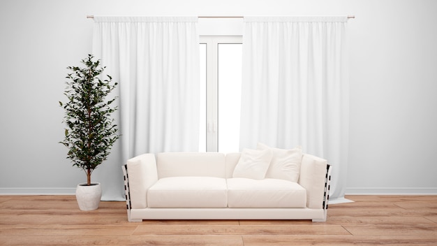 シンプルなソファと白いカーテンのある大きな窓のあるリビングルーム