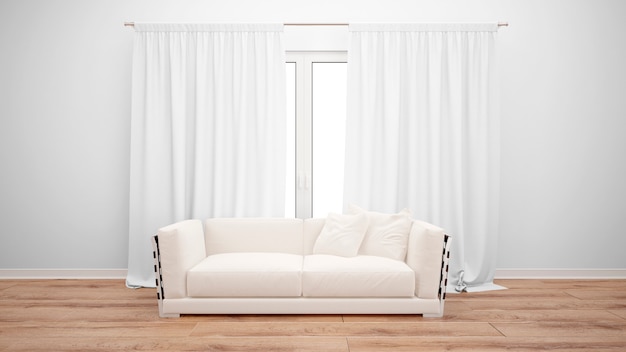 Гостиная с минималистским диваном и большим окном с белыми шторами