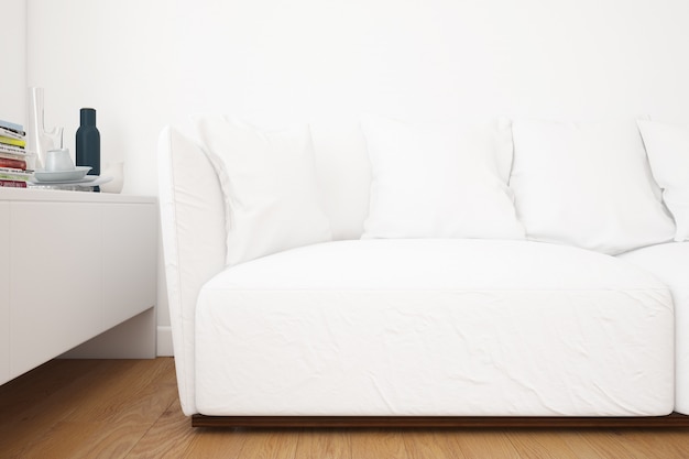 PSD gratuito soggiorno con divano mockup ed elementi decorativi