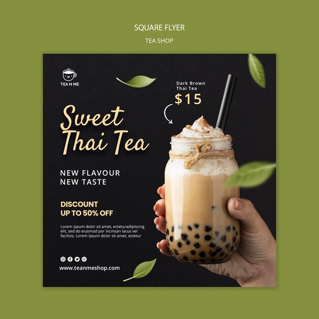 Local tea shop square flyer design template