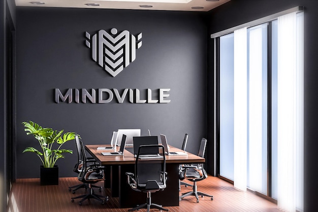 Logo mockup meeting room office black wall 3d