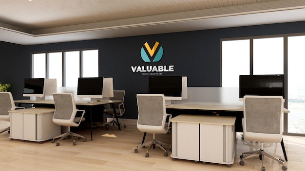 Logo mockup in the modern office workspace area with computer and desk