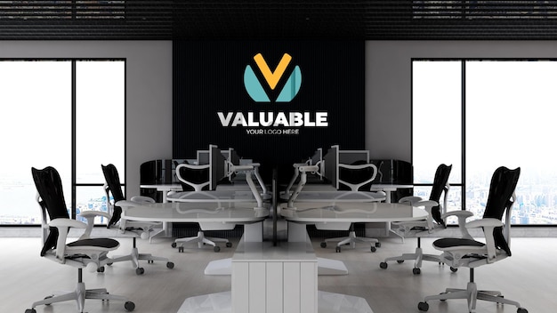 Logo mockup in the modern office workspace area with computer and desk
