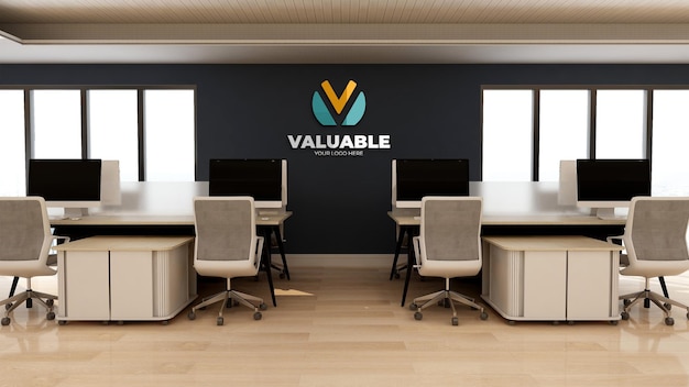 Logo mockup in the modern office workspace area with computer and desk