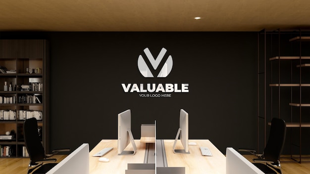 Logo mockup realistic sign office black wall