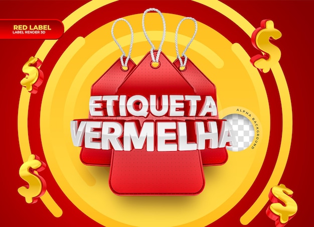 Logo red label 3d render in brazil template design in portuguese
