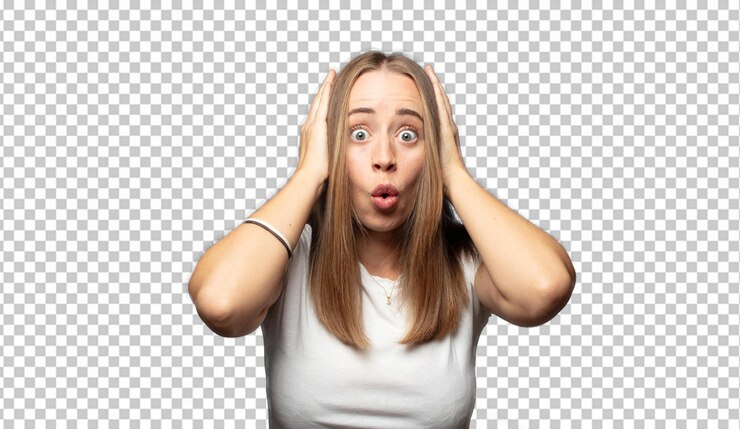Free PSD looking excited and surprised openmouthed with both hands on head feeling like a lucky winner