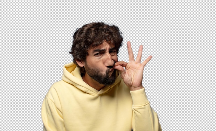 Free PSD looking serious and displeased with both fingers crossed up front in rejection asking for silence