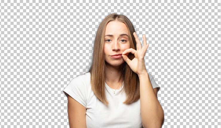 Free PSD looking serious and displeased with both fingers crossed up front in rejection asking for silence