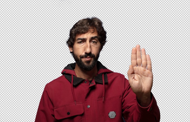 मुफ़्त PSD looking serious stern displeased and angry showing open palm making stop gesture