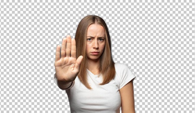 looking serious stern displeased and angry showing open palm making stop gesture