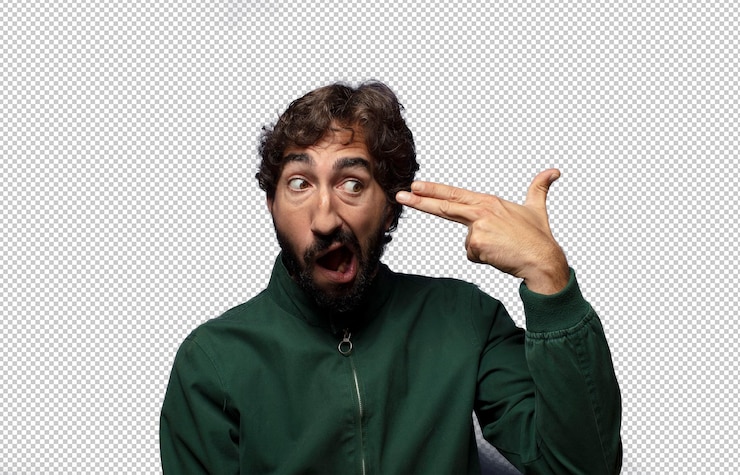 Free PSD looking unhappy and stressed suicide gesture making gun sign with hand pointing to head