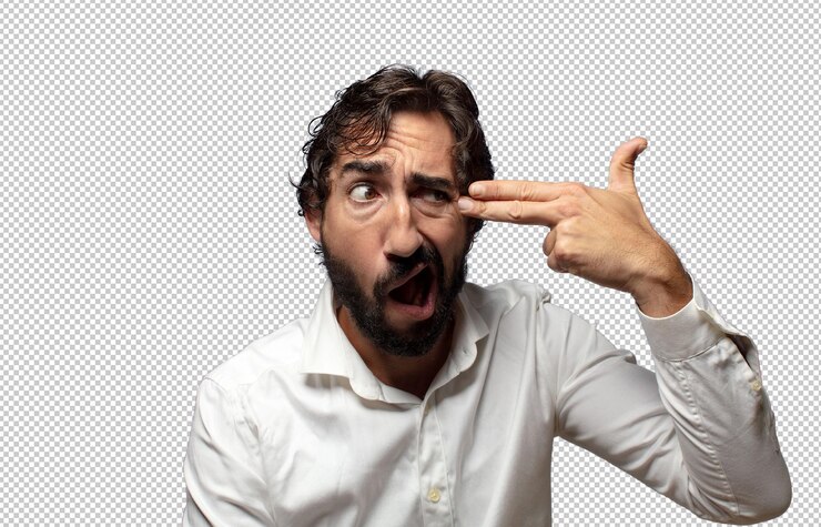 Free PSD looking unhappy and stressed suicide gesture making gun sign with hand pointing to head