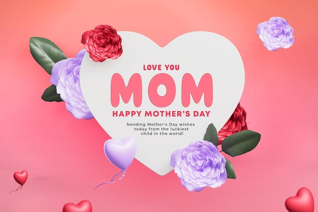 Free PSD love you mom and happy mother's day greeting banner with heart shape template