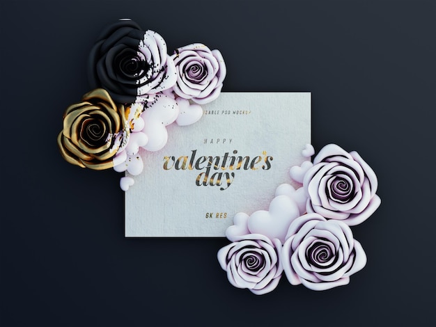 PSD gratuito simpatico biglietto di auguri mockup decorato con rose carine e cuori d'amore con vista dall'alto