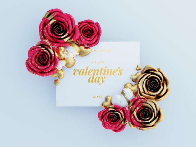 Free PSD lovely greetings card mockup decorated with cute roses and love hearts top view scene