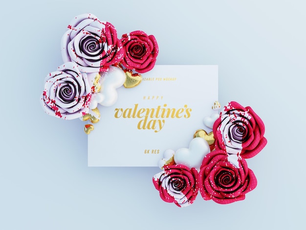 Free PSD lovely greetings card mockup decorated with cute roses and love hearts top view scene