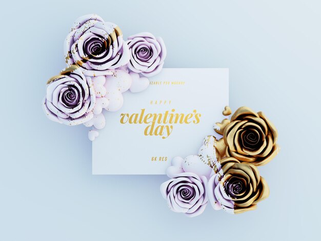 Прекрасный макет поздравительной открытки, украшенный милыми розами и любовными сердцами, вид сверху
