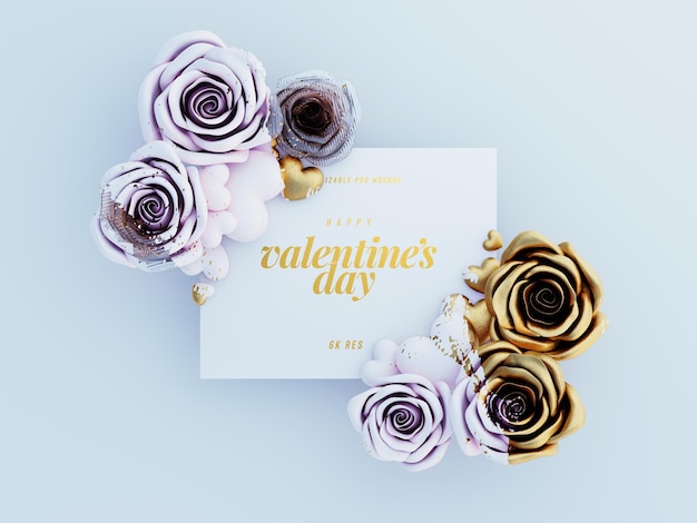 Free PSD lovely greetings card mockup decorated with cute roses and love hearts top view scene