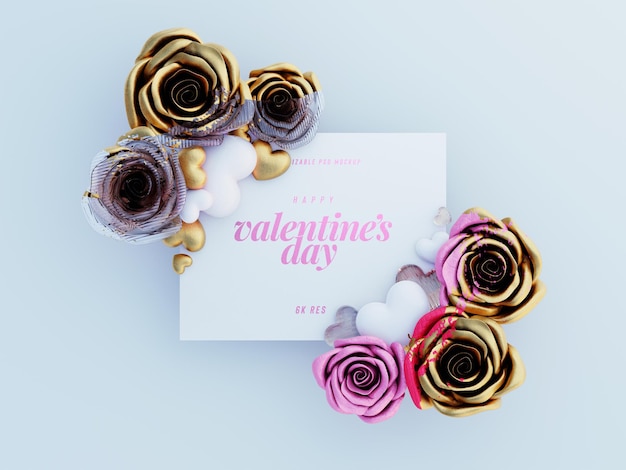 Free PSD lovely greetings card mockup decorated with cute roses and love hearts top view scene