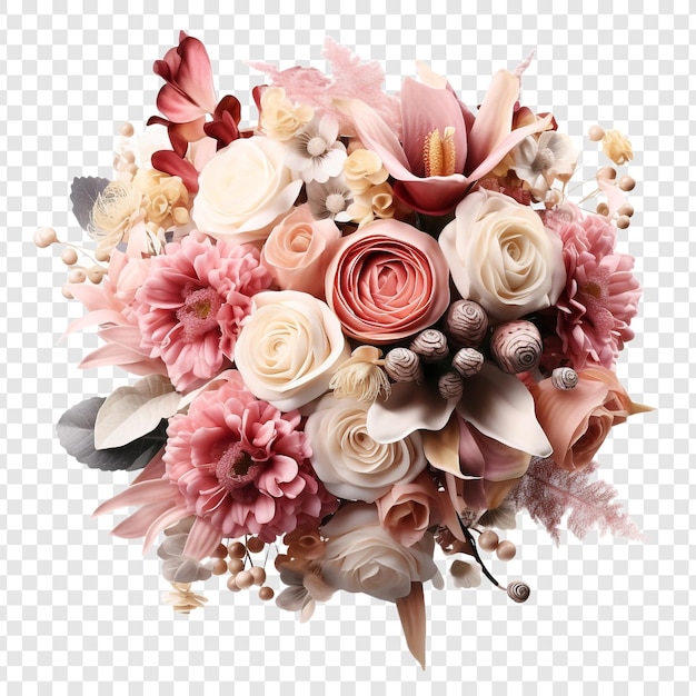 Бесплатный PSD Роскошный свадебный букет с разнообразными красивыми цветами, изолированными на прозрачном фоне