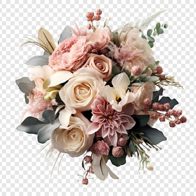 PSD gratuito lussuoso bouquet nuziale con una varietà di bellissimi fiori isolati su uno sfondo trasparente