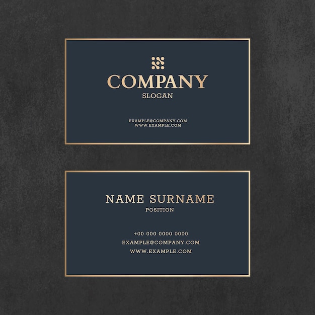 Luxury business card template psd in gold and blue tone with front and rear view flat lay