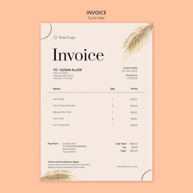 Free PSD luxury curly hair invoice template