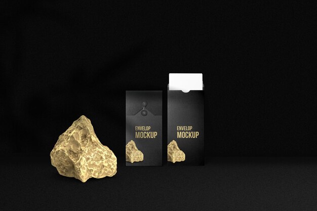 Luxury envelop mockup design in dark background with golden stone bar
