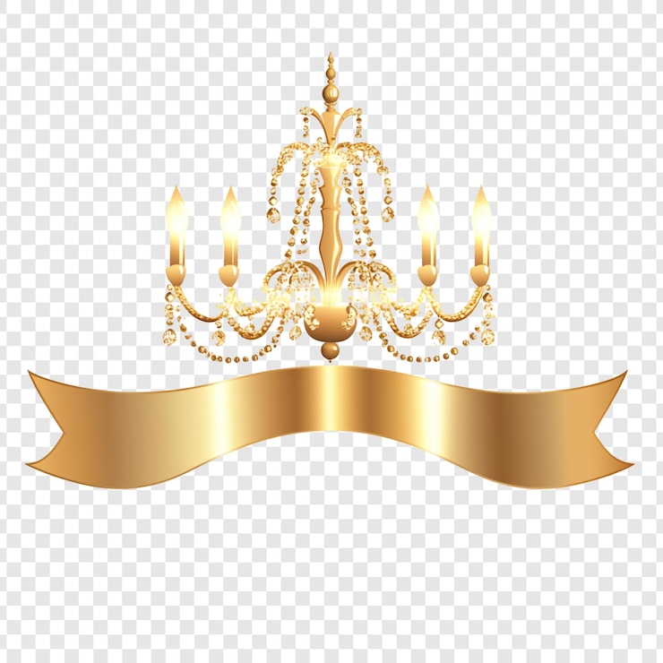 Free PSD luxury golden chandelier with elegant ribbon banner