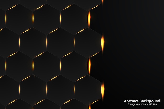 Luxury hexagonal abstract black metal background with golden light lines