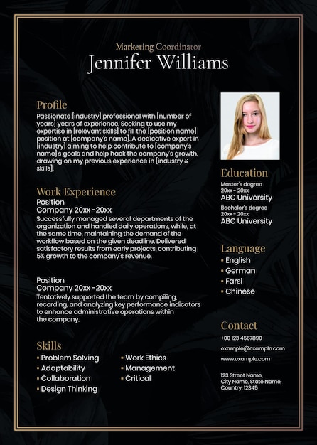 Luxury resume editable template psd in black and gold