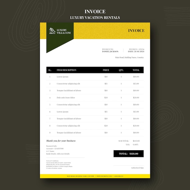 Luxury vacation rentals invoice template