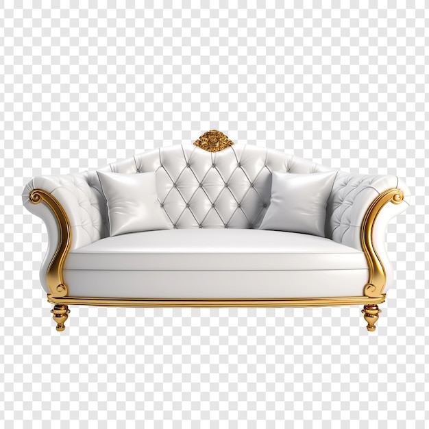 Luxury white and golden sofa png isolated on transparent background