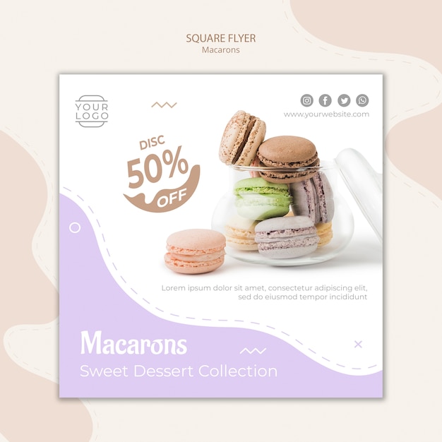 PSD gratuito macarons nel modello di volantino quadrato vaso