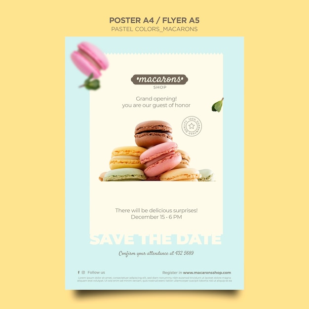 PSD gratuito modello di poster pubblicitario del negozio di macarons