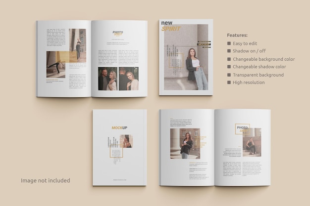 Magazine mockup open and cover top view Free Psd