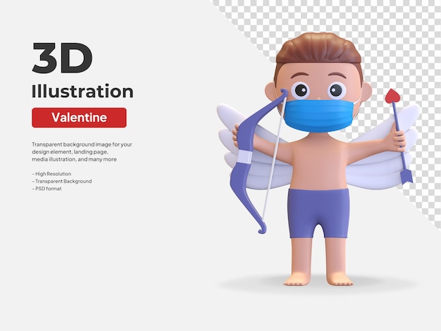 Male cupid wearing mask and holding bow character valentine day love symbol 3d render illustration