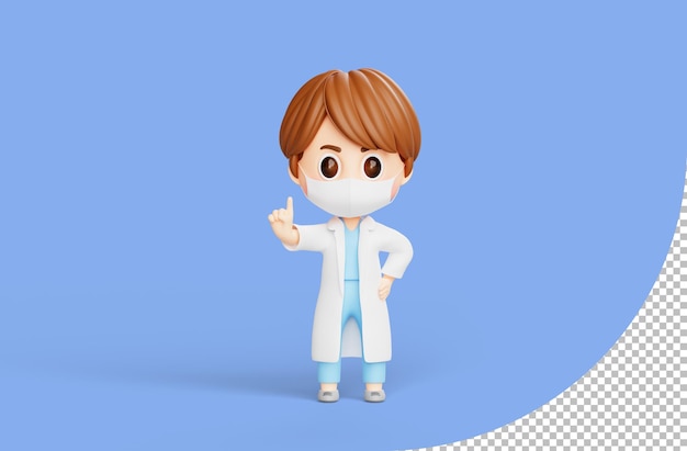 PSD gratuito medico maschio in piedi e puntando le dita verso l'alto con una grande idea 3d illustrazione personaggio dei cartoni animati