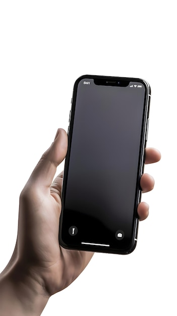 PSD gratuito mano maschile che tiene uno smartphone nero con schermo vuoto isolato su sfondo bianco