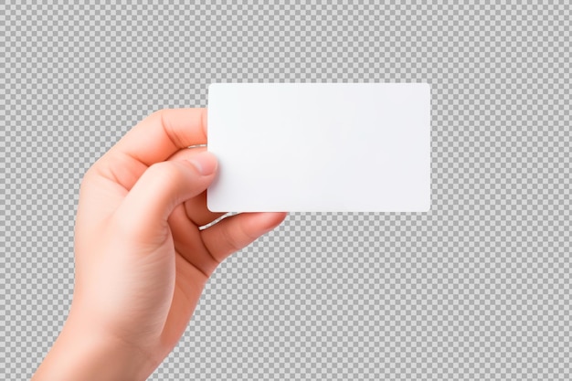 Male hand holding a blank business card isolated on transparent background